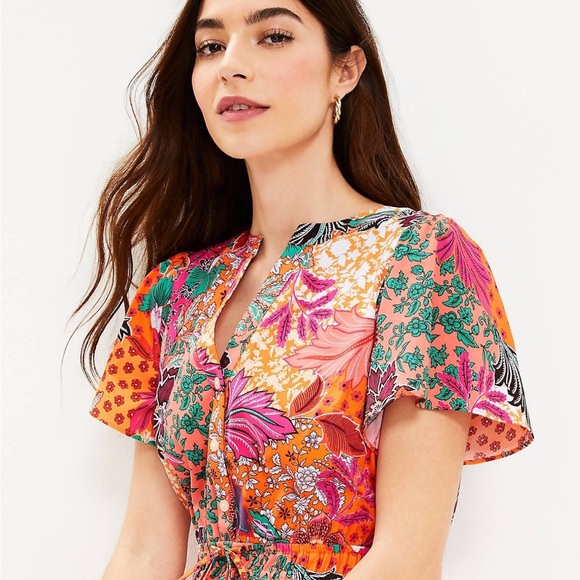 LOFT Patchwork Bloom Smocked Tie Waist Dress - Size S - Picture 3 of 15